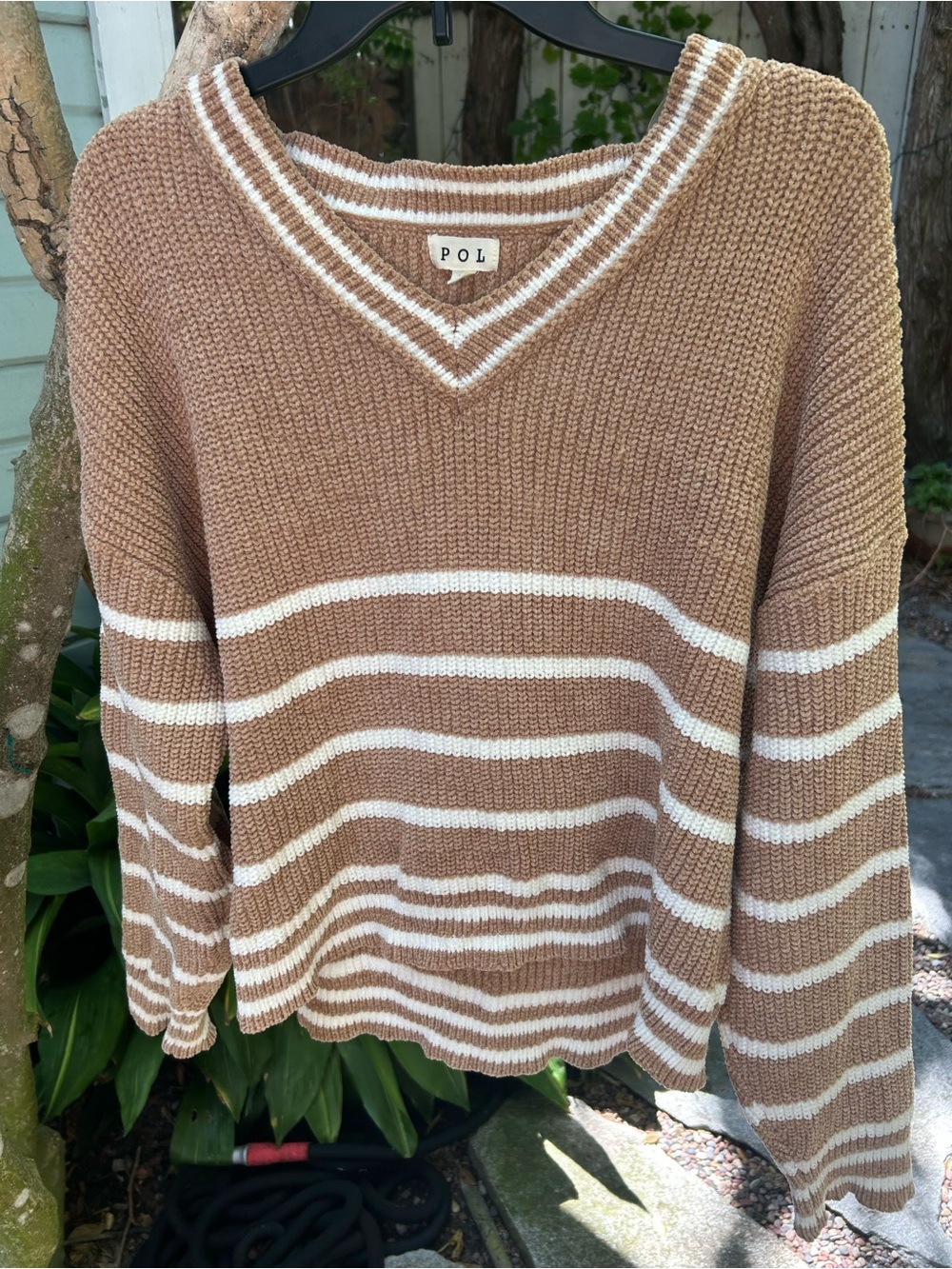 POL Striped V-Neck Sweater in Camel and Cream